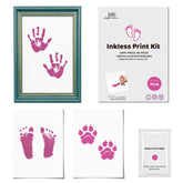 3er-Pack tintenloses Baby Hand- & Fußabdruck + Haustier Pfotenabdruck-Set mit grünem verzierten Rahmen | Rosa Erinnerungsgeschenk