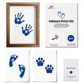 3 Pack Inkless Baby Hand & Footprint + Pet Paw Print Kit with Natural Wide-Edge Wood Frame | Blue Keepsake Gift