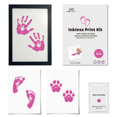 3er Pack tintenfreies Baby Hand- & Fußabdruck + Haustier Pfotenabdruck Set mit schwarzem minimalistischen Rahmen | Rosa Andenken Geschenk