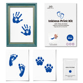 3 Pack Inkless Baby Hand & Footprint + Pet Paw Print Kit with Green Ornate Frame | Blue Keepsake Gift