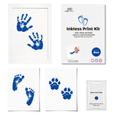 3 Pack Inkless Baby Hand & Footprint + Pet Paw Print Kit with White Simple Frame | Blue Keepsake Gift