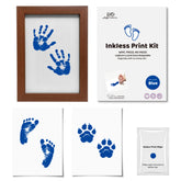 3 Pack Inkless Baby Hand & Footprint + Pet Paw Print Kit with Dark Walnut Frame | Blue Keepsake Gift