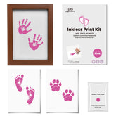 3er-Pack tintenloses Baby Hand- & Fußabdruck + Haustier Pfotenabdruck Set mit dunklem Walnussrahmen | Rosa Andenken Geschenk