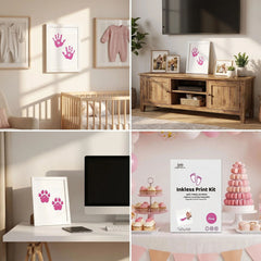 3 Pack Inkless Baby Hand & Footprint + Pet Paw Print Kit with White Simple Frame | Pink Keepsake Gift