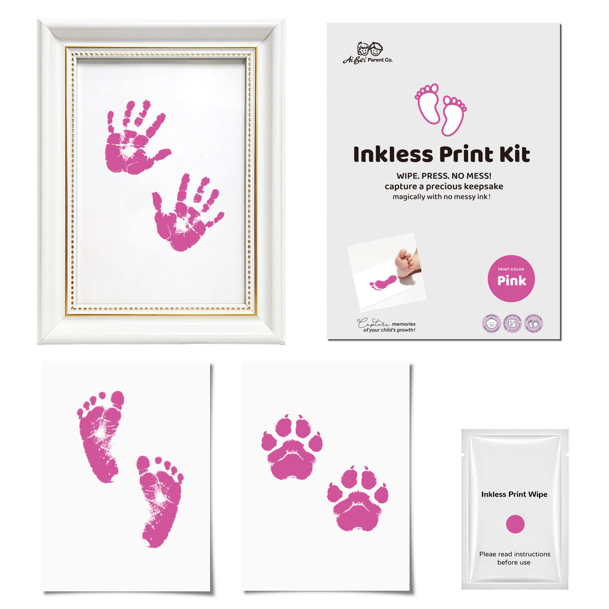 3 Pack Inkless Baby Hand & Footprint + Pet Paw Print Kit with White Beaded Frame | Pink Keepsake Gift