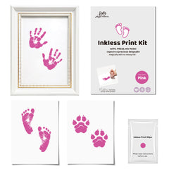 3 Pack Inkless Baby Hand & Footprint + Pet Paw Print Kit with White Beaded Frame | Pink Keepsake Gift