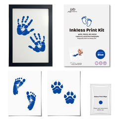 3 Pack Inkless Baby Hand & Footprint + Pet Paw Print Kit with Black Minimalist Frame | Blue Keepsake Gift