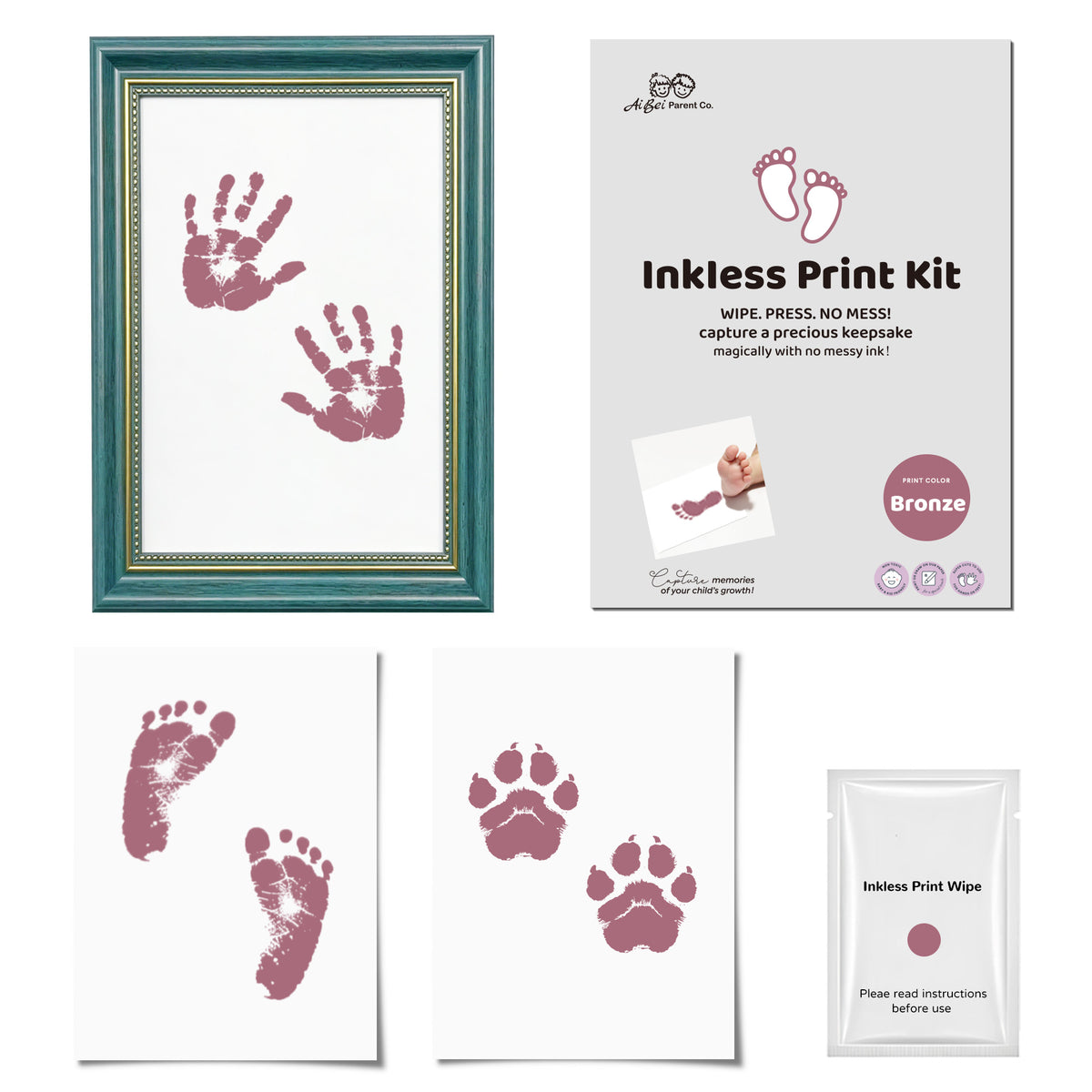 3 Pack Inkless Baby Hand & Footprint + Pet Paw Print Kit with Green Ornate Frame | Bronze Keepsake Gift