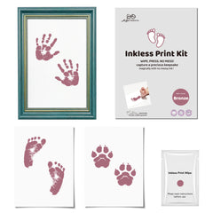 3 Pack Inkless Baby Hand & Footprint + Pet Paw Print Kit with Green Ornate Frame | Bronze Keepsake Gift