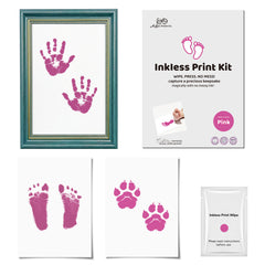 3 Pack Inkless Baby Hand & Footprint + Pet Paw Print Kit with Green Ornate Frame | Pink Keepsake Gift