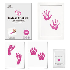 3 Pack Inkless Baby Hand & Footprint + Pet Paw Print Kit with White Simple Frame | Pink Keepsake Gift