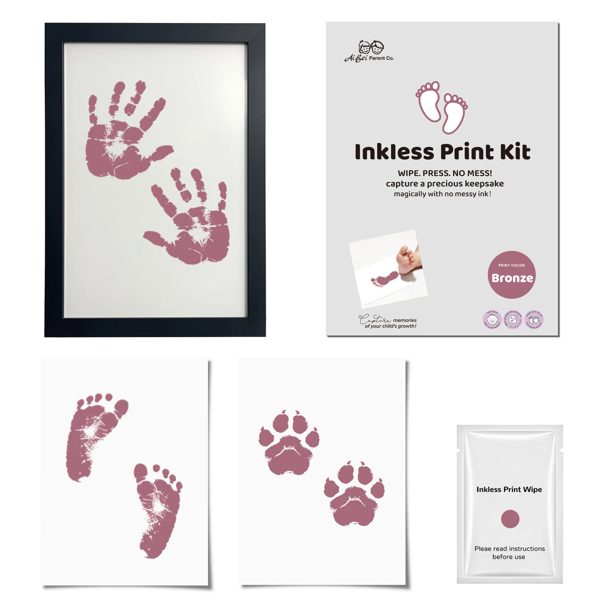 3 Pack Inkless Baby Hand & Footprint + Pet Paw Print Kit with Black Minimalist Frame | Bronze Keepsake Gift