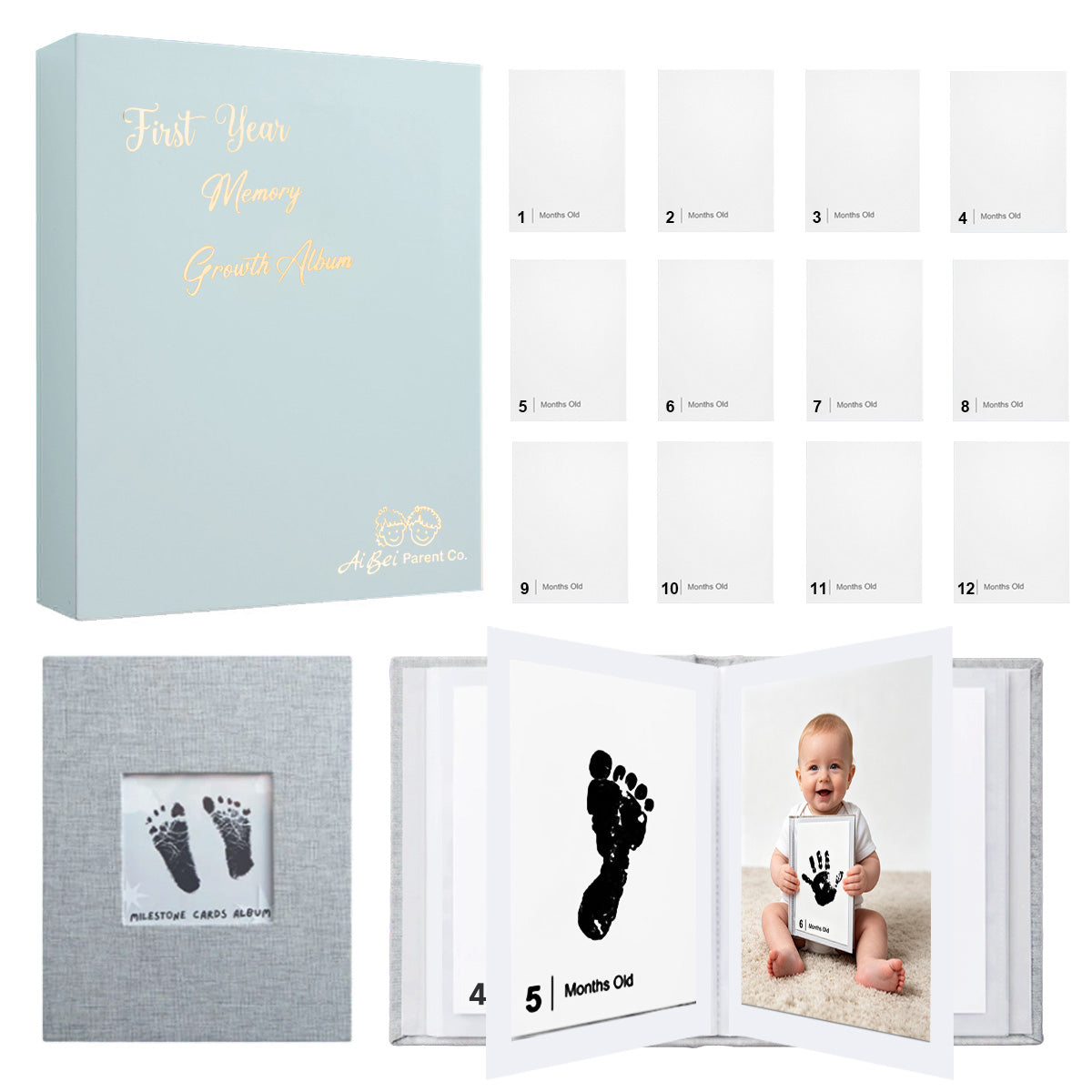 15 Pack Baby Inkless Milestone Cards Hand Casting Kit (Green Gift Box & Photo Album Set）
