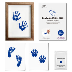 3 Pack Inkless Baby Hand & Footprint + Pet Paw Print Kit with Natural Wide-Edge Wood Frame | Blue Keepsake Gift