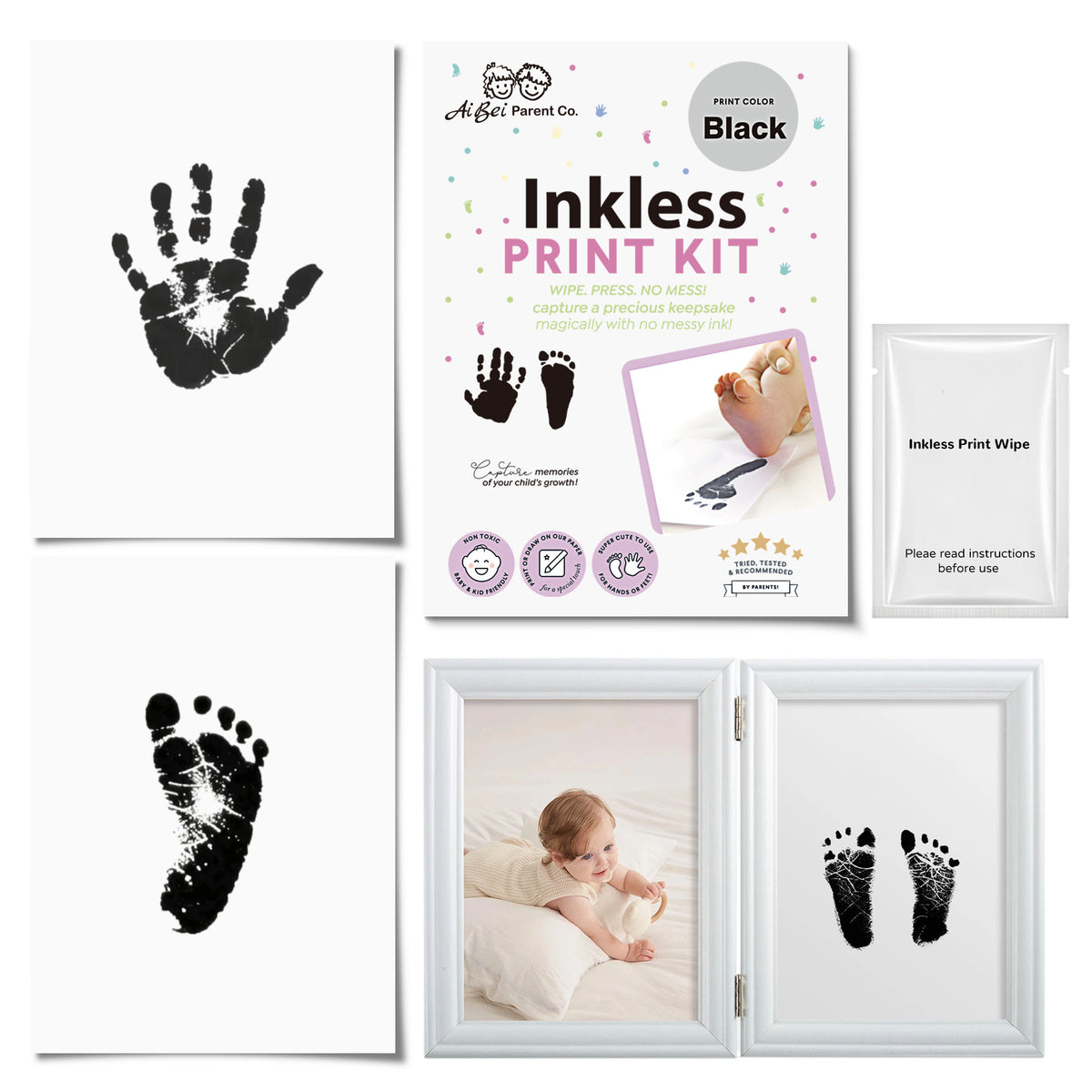 3 Pack Inkless Baby Hand & Footprint Kit with Folding Double-Sided Display Frame | Newborn Keepsake & Baby Shower Gift