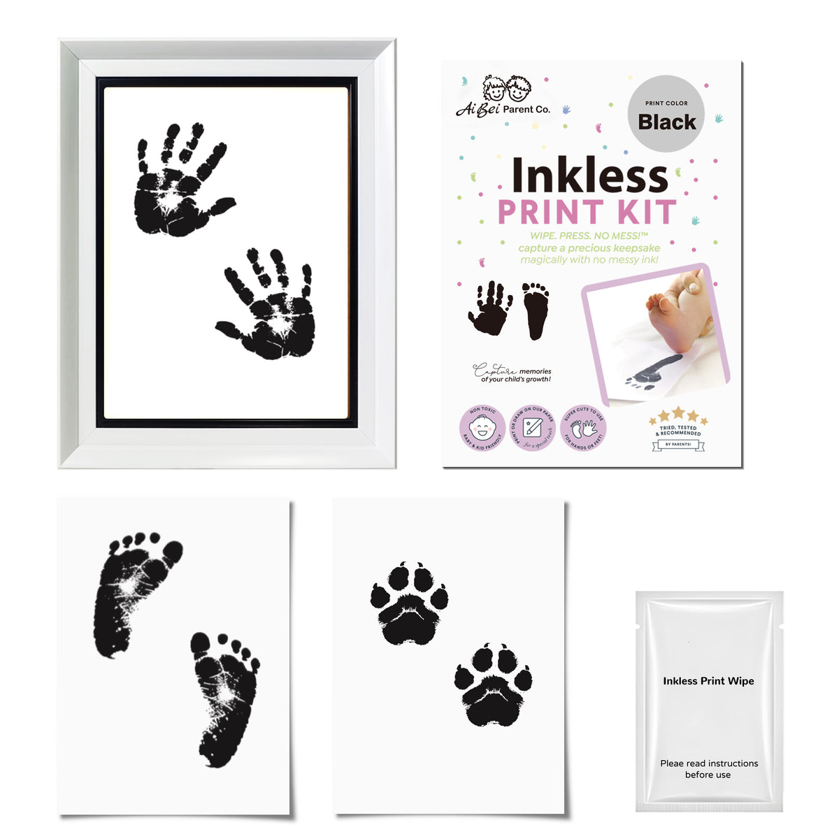 3 Pack Inkless Baby Hand & Footprint + Pet Paw Print Kit with Display Frame | Newborn & Pet Keepsake Gift