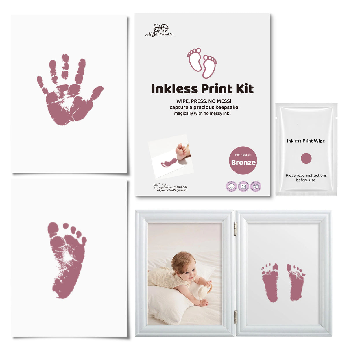 3 Pack Inkless Baby Hand & Footprint Kit with White Folding Dual Frame | Photo & Print Newborn Keepsake Gift