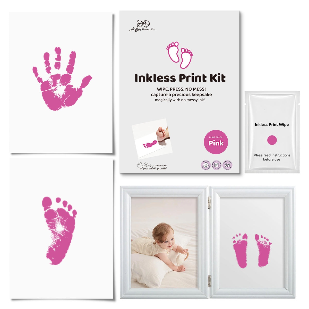 3 Pack Inkless Baby Hand & Footprint Kit with White Folding Dual Frame | Photo & Print Newborn Keepsake Gift (Pink)