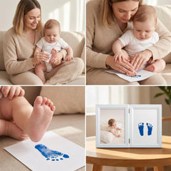 3 Pack Inkless Baby Hand & Footprint Kit with White Folding Dual Frame | Photo & Print Newborn Keepsake Gift (Blue)